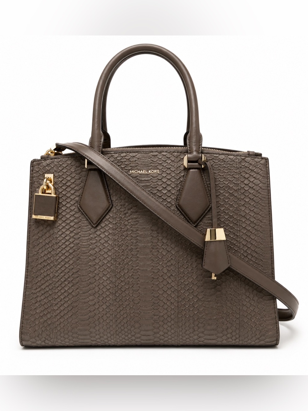 Michael Kors Brown Snake-Embossed Leather Satchel with Gold Hardware